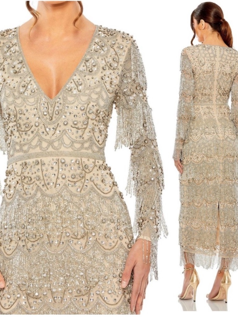 Mac Duggal NEW V-Neck Beaded Fringe Embellished Dress Nude Silver $1,498 Size 14